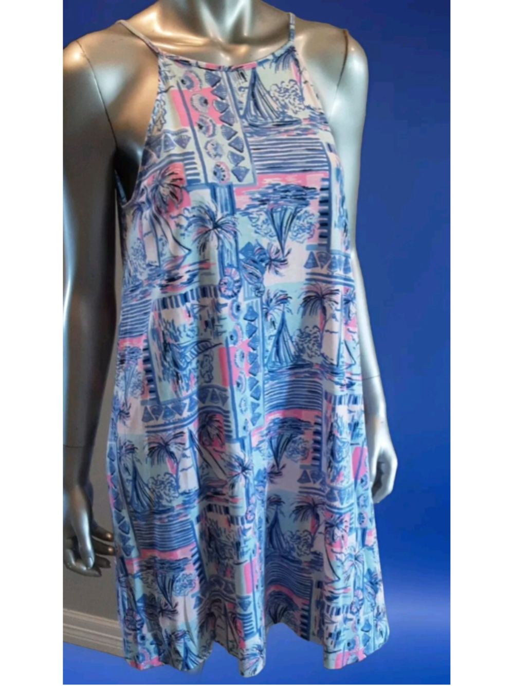 LILLY PULITZER-Margot Halter Swing Dress Whisper Blue Yeah Buoy Print Size S